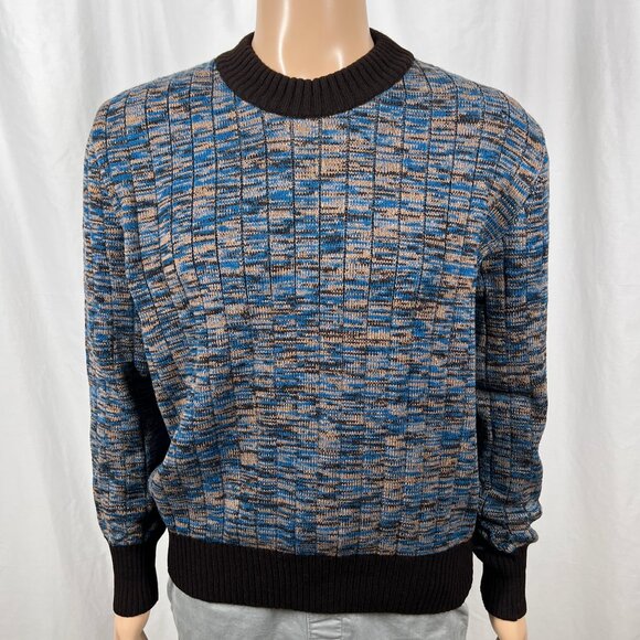 Vintage 80s Kmart Men's Large Blue Brown Marled Ribbed Knit Crew Neck Sweater - Picture 1 of 8